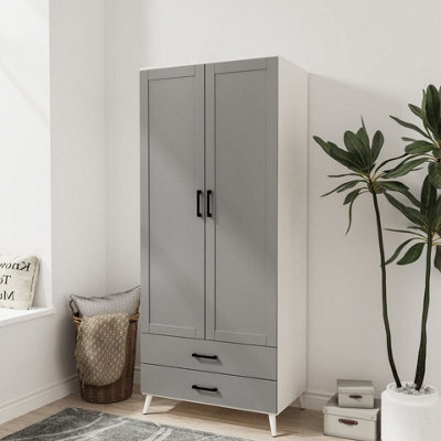 Urbn-Living Urbnliving 180Cm Height White Wardrobe With Grey 2 Door 2 Drawer Modern Bedroom Clothes Storage Hanging Rail - image 1