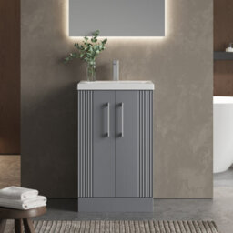Balterley Belvide Partial Fluted 2 Door Floor Standing Vanity Unit With Mid-Edge 1 Tap Hole Ceramic Basin - 500mm - Satin Grey - thumbnail 2