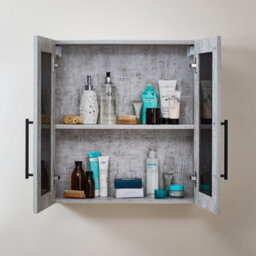 Homestylestore 600 X 650mm Concrete Grey Wall Mounted Mirrored Door Bathroom Cabinet And Black T Bar Handles - thumbnail 2