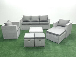 Fimous Rattan Garden Outdoor Furniture Sofa Set Square Coffee Table 2 Chairs 3 Stools Light Grey - thumbnail 2