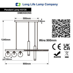 Long Life Lamps Company Led Bar 5 Light Black Ceiling Pendant Light Mini Glass Globes Slim Tubular H3135 - thumbnail 2