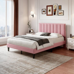 BTM 4Ft6 Double Upholstered Velvet Bed, Adjustable Channel-Tufted Headboard, Pink (No Mattress) - thumbnail 8