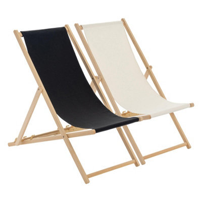 Harbour Housewares Folding Wooden Deck Chairs - Black/cream - Pack Of 2 - image 1