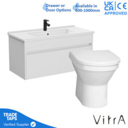 Vitra 1000mm Wall Hung Bathroom Vanity Unit With 1 Drawer Includes Basin, Black Tap And Back To Wall Toilet - White Gloss - thumbnail 1