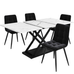 Matteo Extendable 5-Piece Dining Set With White Marble-Effect Table & 4 Black Velvet Chairs - thumbnail 4