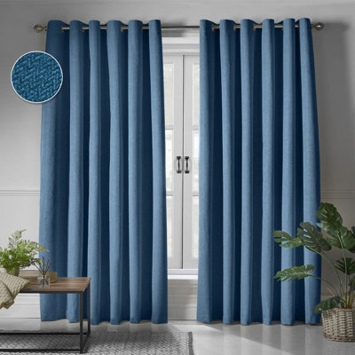 Moonlight Bedding 100%blackout Eyelet Linen Texture Curtain Pair Thermal Energy Efficient For Summer Winter (Blue, 90''x90'') - image 1