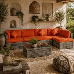 Lane Grey 4-Seater Rattan Outdoor Sofa Set With Orange Cushions - Wyld Haus - thumbnail 1