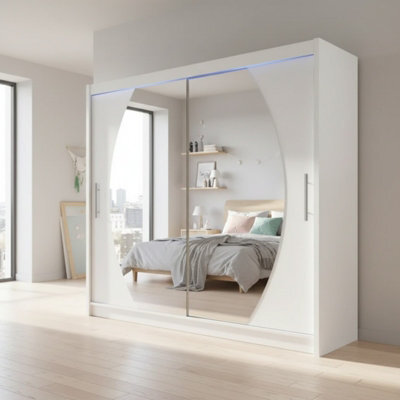 Bega Iv 180 Sliding Door Wardrobe Modern Bedroom Storage With Mirror Hanging Rail And Shelves In White With Led - image 1