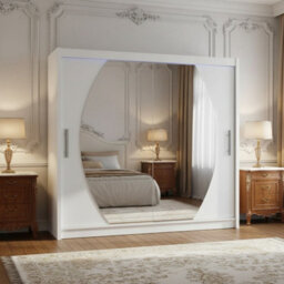 Bega Iv 180 Sliding Door Wardrobe Modern Bedroom Storage With Mirror Hanging Rail And Shelves In White With Led - thumbnail 2