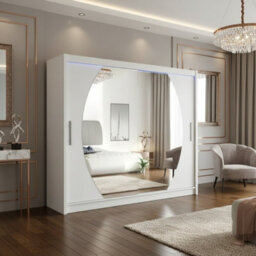 Bega Iv 180 Sliding Door Wardrobe Modern Bedroom Storage With Mirror Hanging Rail And Shelves In White With Led - thumbnail 3
