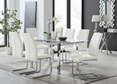 Furniturebox Uk 6 Seater Dining Set - Enna White Glass & Chrome Extendable Dining Table & Chairs - 6 White Leather Lorenzo Chairs - image 1
