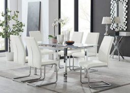 Furniturebox Uk 6 Seater Dining Set - Enna White Glass & Chrome Extendable Dining Table & Chairs - 6 White Leather Lorenzo Chairs