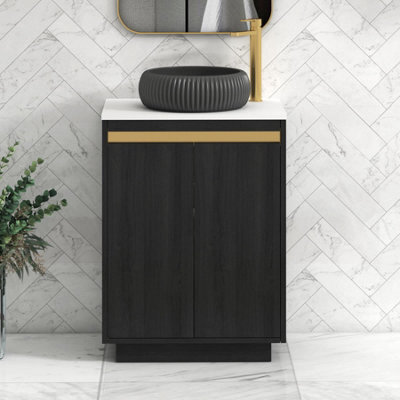 Royal Bathrooms Orion 600mm Hale Black Floor Standing Plain White Countertop Vanity Unit 2 Door With Milan Black Basin & Brushed Brass Accent Trim - image 1