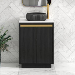 Royal Bathrooms Orion 600mm Hale Black Floor Standing Plain White Countertop Vanity Unit 2 Door With Milan Black Basin & Brushed Brass Accent Trim