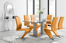 Furniturebox Imperia Grey High Gloss 6 Seater Dining Table With Structural 2 Plinth Column Legs And 6 Mustard Yellow Faux Leather Willow Chairs