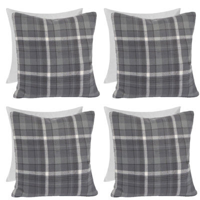 OHS Woven Check Cushion Covers Tartan Pack Of 4 Filled Pillow, 45 X 45Cm - Charcoal