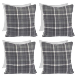 OHS Woven Check Cushion Covers Tartan Pack Of 4 Filled Pillow, 45 X 45Cm - Charcoal - thumbnail 1