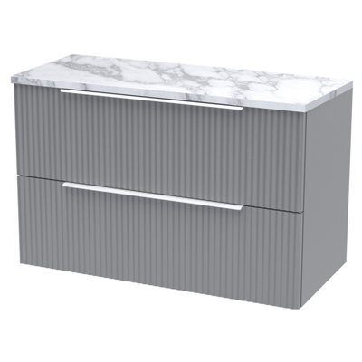 Balterley Tixall Fluted 2 Drawer Wall Hung Vanity Unit With Laminate Worktop, Satin Grey, 800mm - image 1