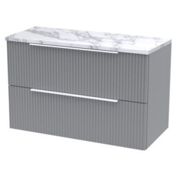 Balterley Tixall Fluted 2 Drawer Wall Hung Vanity Unit With Laminate Worktop, Satin Grey, 800mm - thumbnail 1
