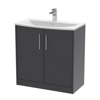 Hudson Reed Juno Floor Standing Double Soft Close Door Vanity Unit With Curved 1 Tap Hole Basin In Graphite Grey Woodgrain, 800mm - image 1