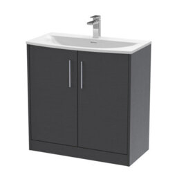 Hudson Reed Juno Floor Standing Double Soft Close Door Vanity Unit With Curved 1 Tap Hole Basin In Graphite Grey Woodgrain, 800mm - thumbnail 4