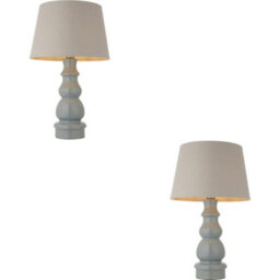 Loops 2 Pack Blue Grey Glaze & Satin Nickel Plate Table Lamp - Grey Linen Fabric - 660mm Tall Light