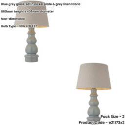 Loops 2 Pack Blue Grey Glaze & Satin Nickel Plate Table Lamp - Grey Linen Fabric - 660mm Tall Light - thumbnail 2
