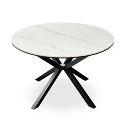 More4Homes Calne White Marble Ceramic Round Dining Table & 6 Myla Linen Black Chairs - thumbnail 2