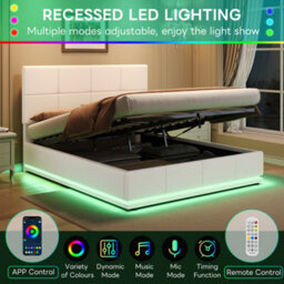 Btm Ottoman Double Bed Led Pu Leather Upholstered Frame Hydraulic Storage Square Tufted Headboard Cream - thumbnail 7