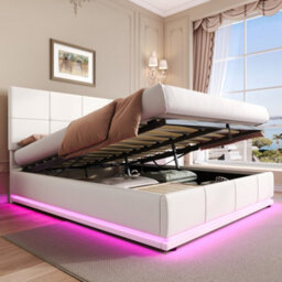Btm Ottoman Double Bed Led Pu Leather Upholstered Frame Hydraulic Storage Square Tufted Headboard Cream - thumbnail 5