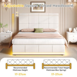 Btm Ottoman Double Bed Led Pu Leather Upholstered Frame Hydraulic Storage Square Tufted Headboard Cream - thumbnail 6