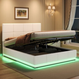 Btm Ottoman Double Bed Led Pu Leather Upholstered Frame Hydraulic Storage Square Tufted Headboard Cream - thumbnail 3