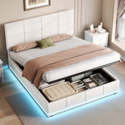 Btm Ottoman Double Bed Led Pu Leather Upholstered Frame Hydraulic Storage Square Tufted Headboard Cream - thumbnail 1