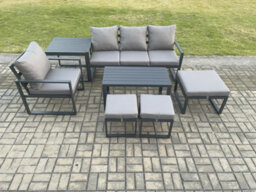 Fimous Aluminium 7 Pieces Garden Furniture Sofa Set With Cushions 7 Seater Outdoor Patio Set With Armchair 3 Footstools - thumbnail 2