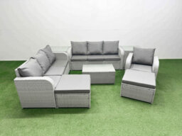 Fimous 9 Seater Poly Rattan Outdoor Garden Furniture Sofa Set 3 Seater Sofa 2 Big Footstools 2 Side Table Light Grey - thumbnail 2