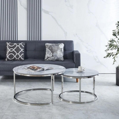 Home Luxe Interiors Aria Grey Marble & Silver Nesting Coffee Tables - Set Of 2, 80Cm - image 1