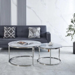 Home Luxe Interiors Aria Grey Marble & Silver Nesting Coffee Tables - Set Of 2, 80Cm
