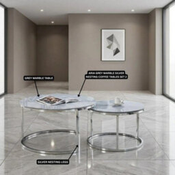Home Luxe Interiors Aria Grey Marble & Silver Nesting Coffee Tables - Set Of 2, 80Cm - thumbnail 5