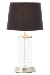 Orsina Glass Cylinder Table Lamp, Chrome Spiral Base With Black Linen Shade, Modern Monochrome Table Light