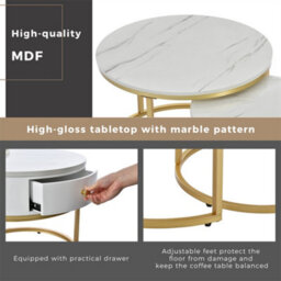 Abrihome Round Coffee Tables With Drawer Nesting Tables With Storage Gold Metal Frame Legs And Marble Pattern (Non-Rock Slab)Top - thumbnail 2