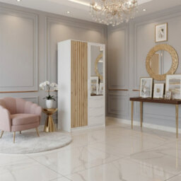 Bali Lux D2 Wardrobe With Mirror Decorative Slats Modern 2 Door Closet For Bedroom Or Hallway White With Oak Wotan