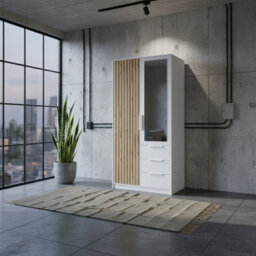 Bali Lux D2 Wardrobe With Mirror Decorative Slats Modern 2 Door Closet For Bedroom Or Hallway White With Oak Wotan - thumbnail 2
