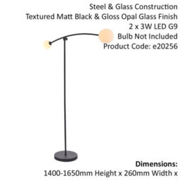 Matt Black Standing Twin Floor Lamp Light - Gloss Opal Glass Shades - Adjustable - thumbnail 2