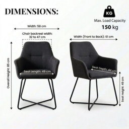 Evre Dark Grey Fabric Dining Chairs Set Of 2 Upholstered Chairs With Arms & Metal Legs - thumbnail 2