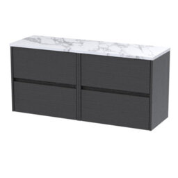 Nuie Havana Wall Hung 4-Drawer Vanity Unit & Worktop In Sparkling Black, Countertop Basin Unit, Graphite Grey Woodgrain, 1200mm