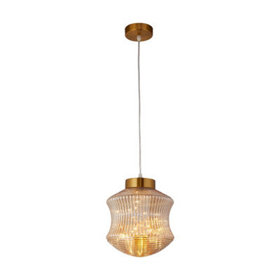 Lighting Collection Vintage Carved Amber Ripple Glass Pendant Light With Brass Accents - image 1