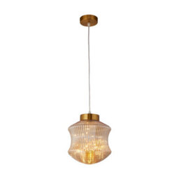 Lighting Collection Vintage Carved Amber Ripple Glass Pendant Light With Brass Accents - thumbnail 1