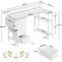 Yaheetech White 120 Cm L Shaped Wooden Computer Desk With Charging Station & 4 Drawers - thumbnail 3