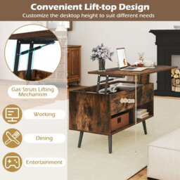 Costway Lift Top Coffee Table Mid Century Modern Accent Table W/shelves-Brown - thumbnail 8