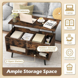 Costway Lift Top Coffee Table Mid Century Modern Accent Table W/shelves-Brown - thumbnail 7